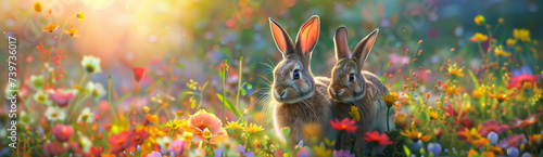 Two easter bunnies in a meadow with flowers.