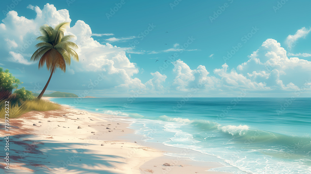 turquoise blue color of the calm ocean and sky with white clouds and a palm tree growing on the sandy shore, all this creates a heavenly atmosphere where you can forget and relax from the hustle bustl