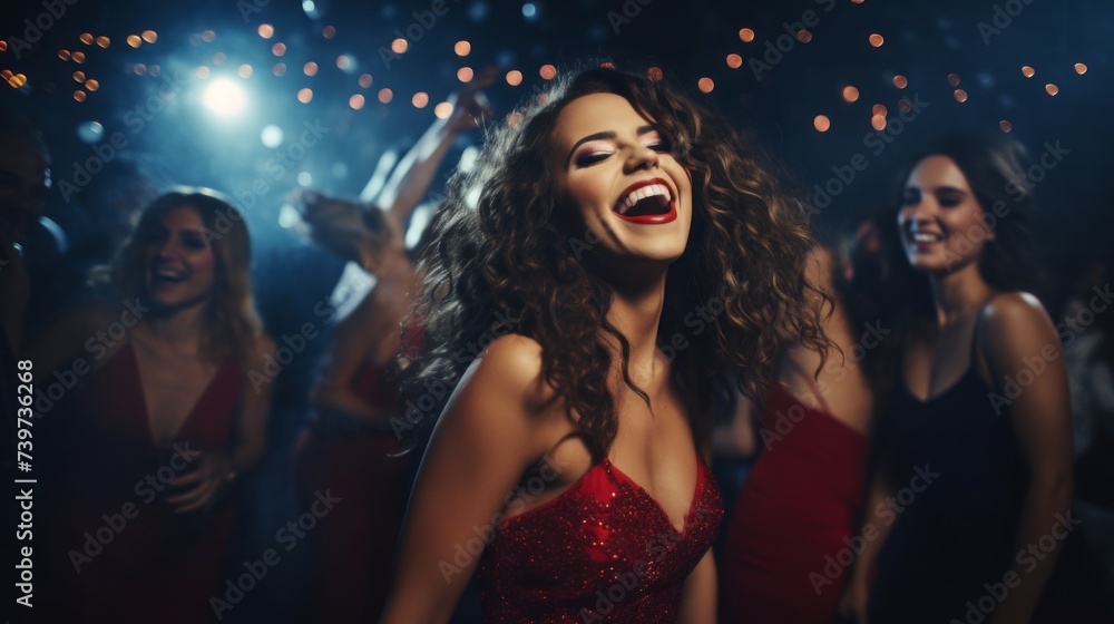 An attractive happy woman is laughing, dancing, having fun with friends in a nightclub against the background of a group of men and women at a party.