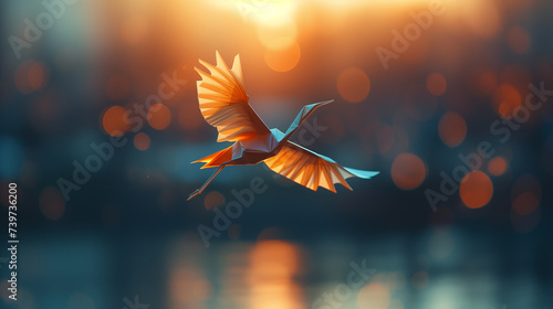 incredible work orange paper origami crane flying on a beautiful blurred background with spread wings, the beauty of lightness and vulnerability photo
