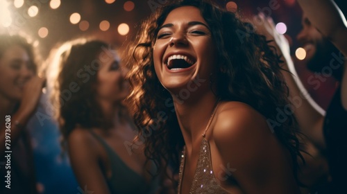 An attractive happy woman is laughing, dancing, having fun in a nightclub. Party, Corporate, Birthday, Active weekend concept.