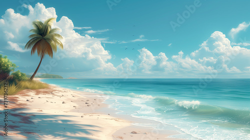 turquoise blue color of the calm ocean and sky with white clouds and a palm tree growing on the sandy shore  all this creates a heavenly atmosphere where you can forget and relax from the hustle bustl