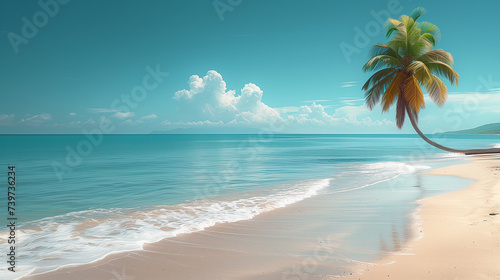 turquoise blue color of the calm ocean and sky with white clouds and a palm tree growing on the sandy shore, all this creates a heavenly atmosphere where you can forget and relax from the hustle bustl
