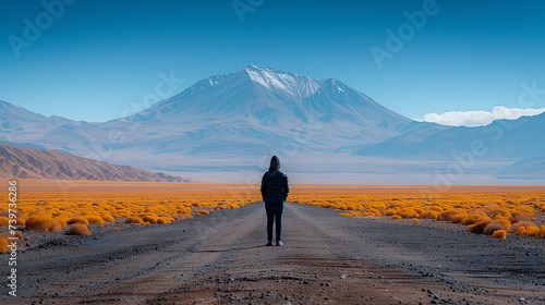 a small silhouette of a person standing in the middle of a dirt road that leads straight through a flat wasteland to a big mountain that a person looks at as a great challenge to his capabilities
