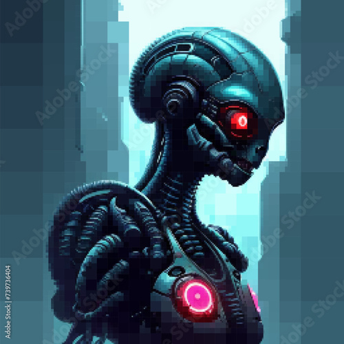 Alien creature with glowing eyes. Vector pixelated illustration. Rectangular design.