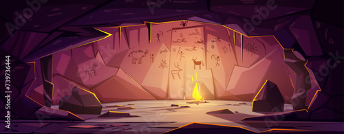 Prehistoric cave with bonfire and drawings on wall. Vector cartoon illustration of fire burning in underground mountain tunnel, tribal cavern with primitive pictures, archeology museum exhibition