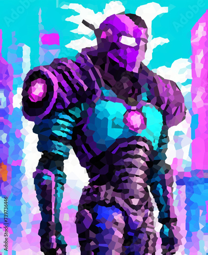Cyborg In Cyberpunk city, Vector illustration. Voronoi design.