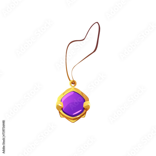 3D vector magic amulet with purple stone on a rope for game design.