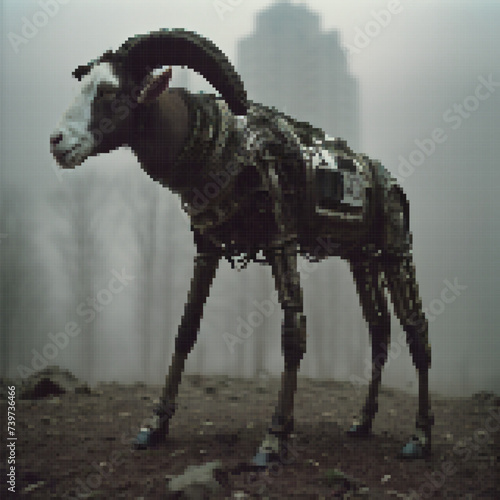 Biomechanical goat. Vector illustration. Pixel design.