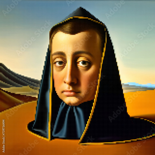 Head of a Man with a hood in the desert sands, surrealist painting. Vector pixelated illustration. Pixel design.