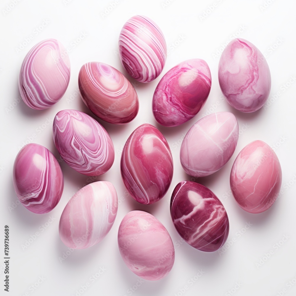 Easter eggs made of pink marble on a white background. Easter concept. top view, flat layout. Easter eggs made of pink marble on a white background. Easter concept. top view, flat layout.
