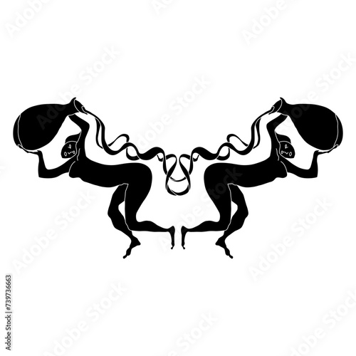 Symmetrical design with two naked girls holding jugs of water. Dana  des. Aquarius Zodiac sign. Women pouring liquid from vessels. Hand draw original style illustration. Black and white silhouette.