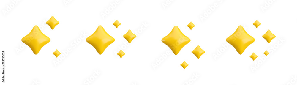 Vector 3d gold sparkle star set set collection on white background. Cute realistic cartoon 3d render, sparkling yellow four pointed shining stars illustration for magic decoration, web, game, app - obrazy, fototapety, plakaty 