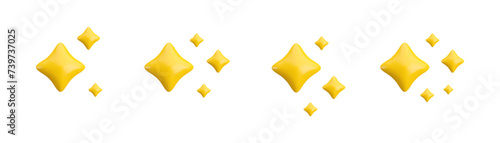 Vector 3d gold sparkle star set set collection on white background. Cute realistic cartoon 3d render, sparkling yellow four pointed shining stars illustration for magic decoration, web, game, app photo