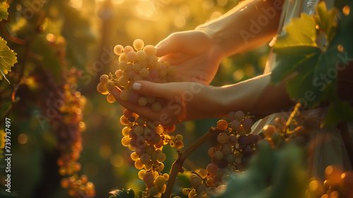 Hand showcasing a freshly harvested bunch of grapes © tiagozr