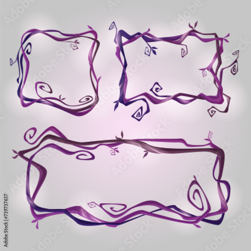 Spooky dry liana vines with glow and twisted branches in form of square, rectangle frame for game ui design. Cartoon vector illustration set of scary creepy magic jungle purple border.