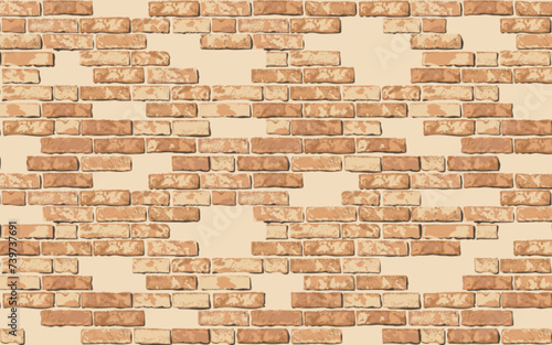 Realistic grunge vector brick wall background. Textured red brick masonry with pieces of stone wall. Abstract background with yellow brickwall under old plaster. Building construction, castle texture photo