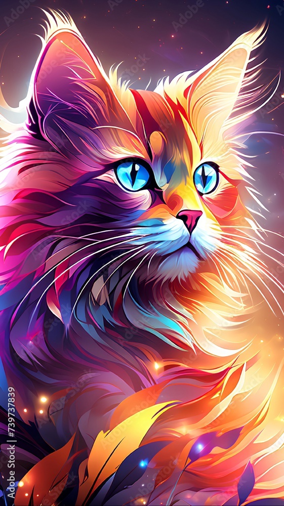 A cat silhouette filled with colorful fractals and glowing particles