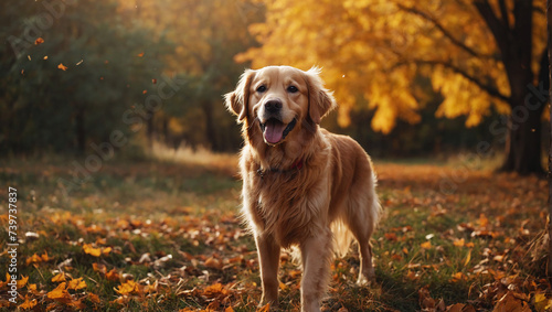 Happy golden retriever dog on Autumn nature background, wide web banner. Autumn activities for dogs. Fall Care Advice For Dogs. Preparing dog for walks in autumn and fireworks