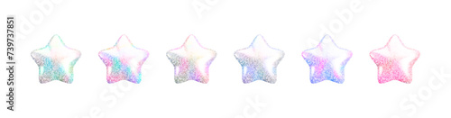 Vector 3d rainbow glitter textured star set. Cute realistic cartoon 3d render, glossy pink, blue, rainbow holographic sparkling stars Illustration on white background