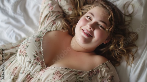 A beautiful, cute, chubby girl lies on a bed 