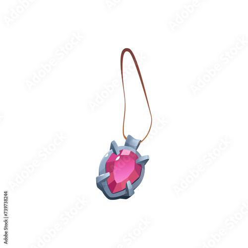 3D magic amulet with red gemstone, game design element on isolated background.