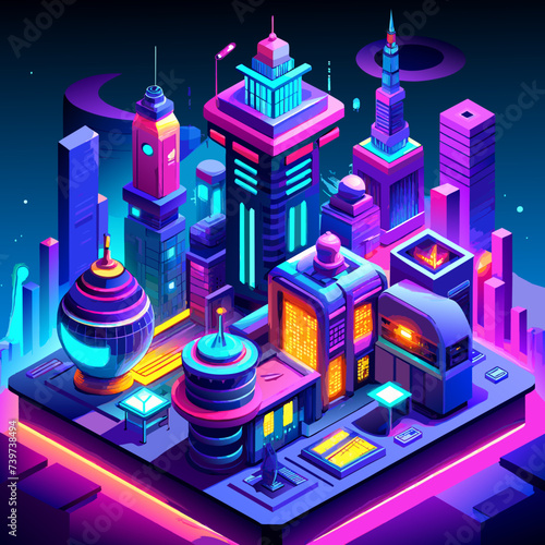 3d illustration of a futuristic city with neon lights