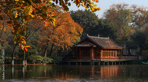 The cottage over the lake in the public park.