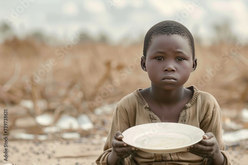 African child sits holding an empty plate against a barren background.
