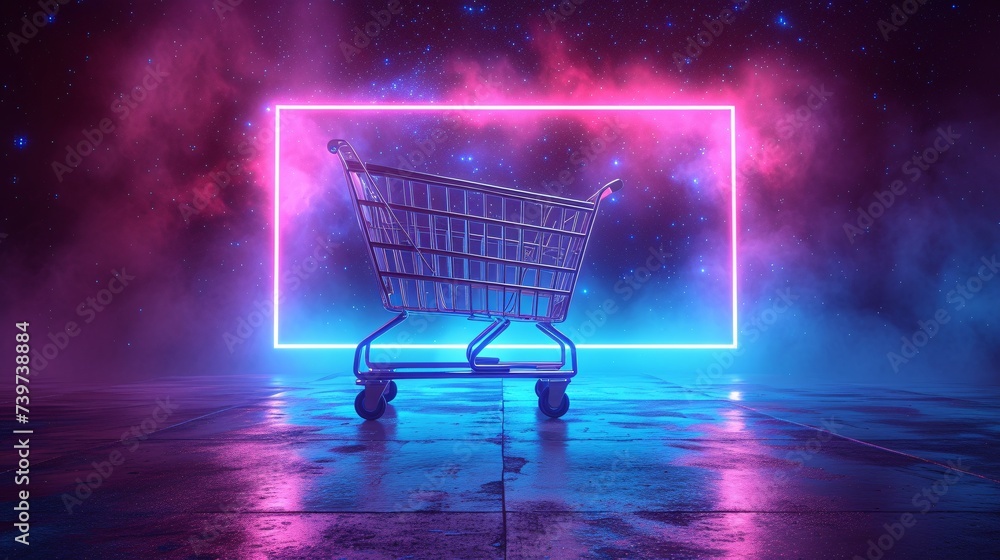 Pink Neon Shopping Cart in Space Generative AI