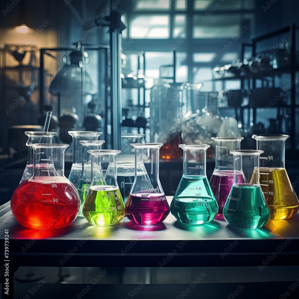 Laboratory test tubes with liquid. Beakers filled with chemicals. Laboratory test tubes with liquid. Beakers filled with chemicals.