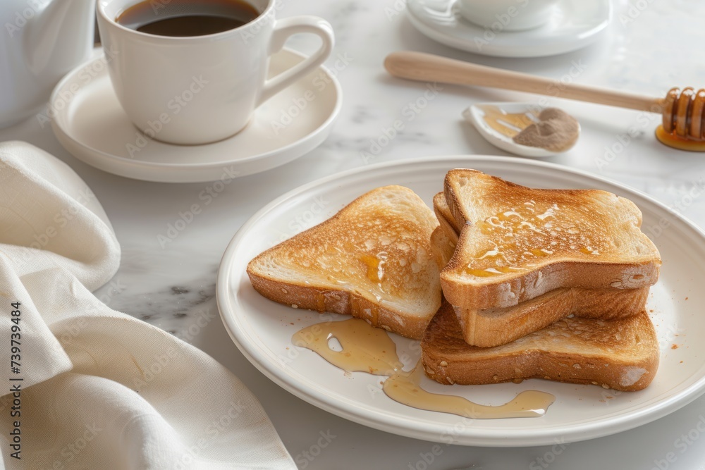 Breakfast served in kitchen. Fresh toasts, coffee Breakfast served in kitchen. Fresh toasts, coffee