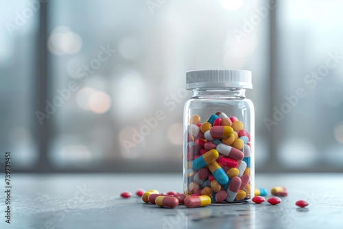 Bottle of Multi Color Pills Capsule Medication Vitamins 