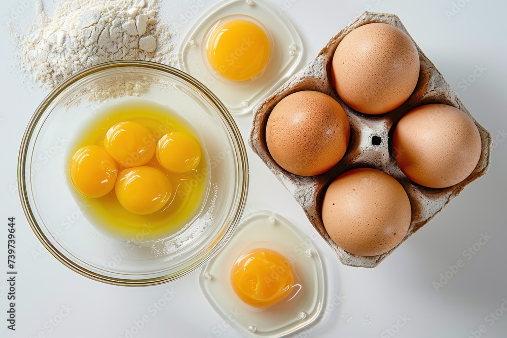 Brown Eggs on Kitchen Counter with Yolks in Mixing Bowl Brown Eggs on Kitchen Counter with Yolks in Mixing Bowl