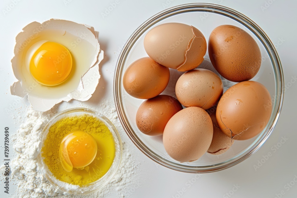 Brown Eggs on Kitchen Counter with Yolks in Mixing Bowl Brown Eggs on Kitchen Counter with Yolks in Mixing Bowl