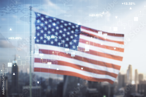 Multi exposure of virtual abstract financial graph hologram and world map on US flag and skyline background, financial and trading concept