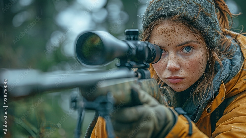 Fototapeta premium Woman in the wilderness, shooting a gun