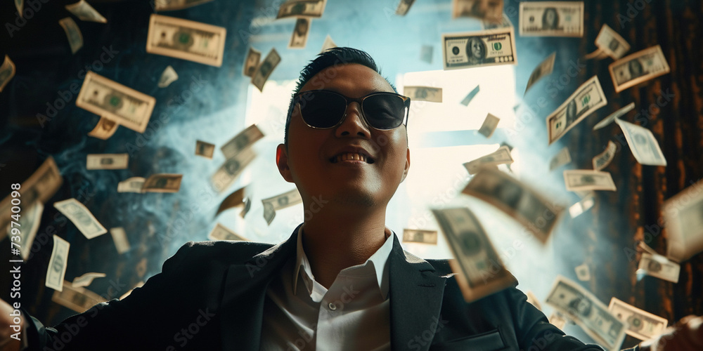 Rich Chinese Asian young business man in suit surrounded by flying money banknotes around happy excited. Passive income, lottery winner earning lots of money happy retirement concept - obrazy, fototapety, plakaty 