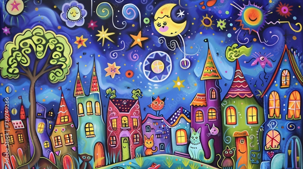 Fototapeta premium Cosmic Cat Town A Whimsical Painting of a Feline-Filled Universe Generative AI