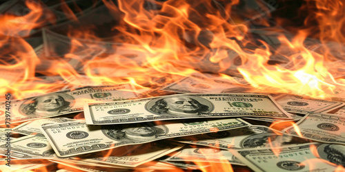 Bunch of dollar in fire bills burning in fireplace. Bankruptcy, depreciation, devaluation, waste of money, Inflation, hyperinflation, dollar stagflation, decreasing purchasing power