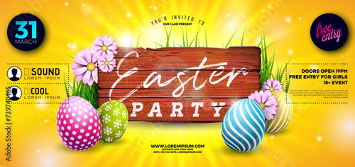Vector Easter Party Flyer Illustration with painted eggs, vintage wood board and flowers on nature yellow background. Spring holiday celebration poster design template for banner or invitation.
