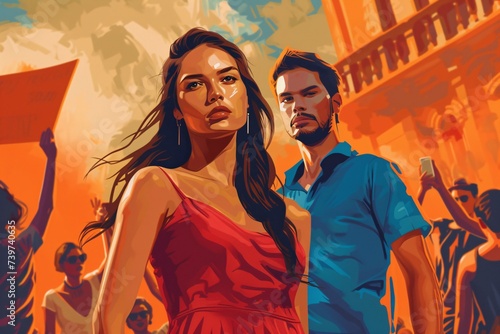 Fiery Summer Night A Sizzling Romance Between a Woman in a Red Dress and a Man in a Blue Shirt Generative AI