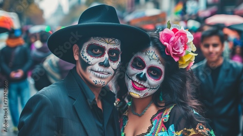 Celebrate DÃ­a de los Muertos with a Flower-Crowned Couple Generative AI