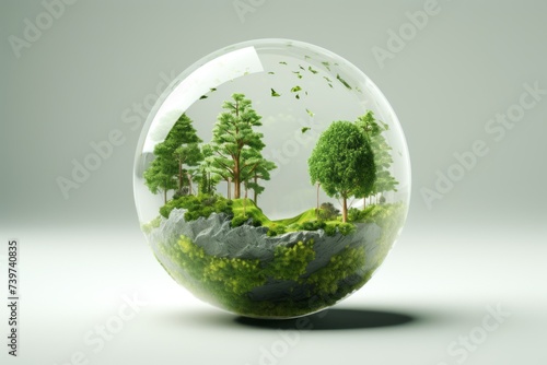 crystal globe resting on moss in a forest - environment concept
