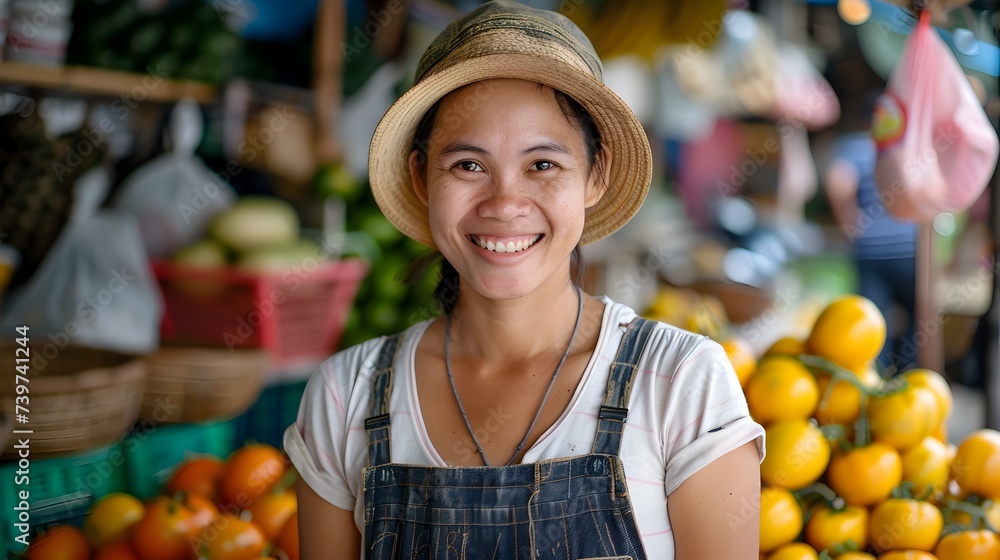 Friendly Asian Woman Selling Fruits at Outdoor Market - obrazy, fototapety, plakaty 