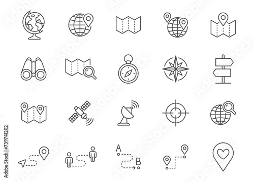 Location line icon set. Map pin, gps, route, distance marker, compass, satellite dish, wind rose outline vector illustration. Simple linear pictogram for navigation. Editable Stroke