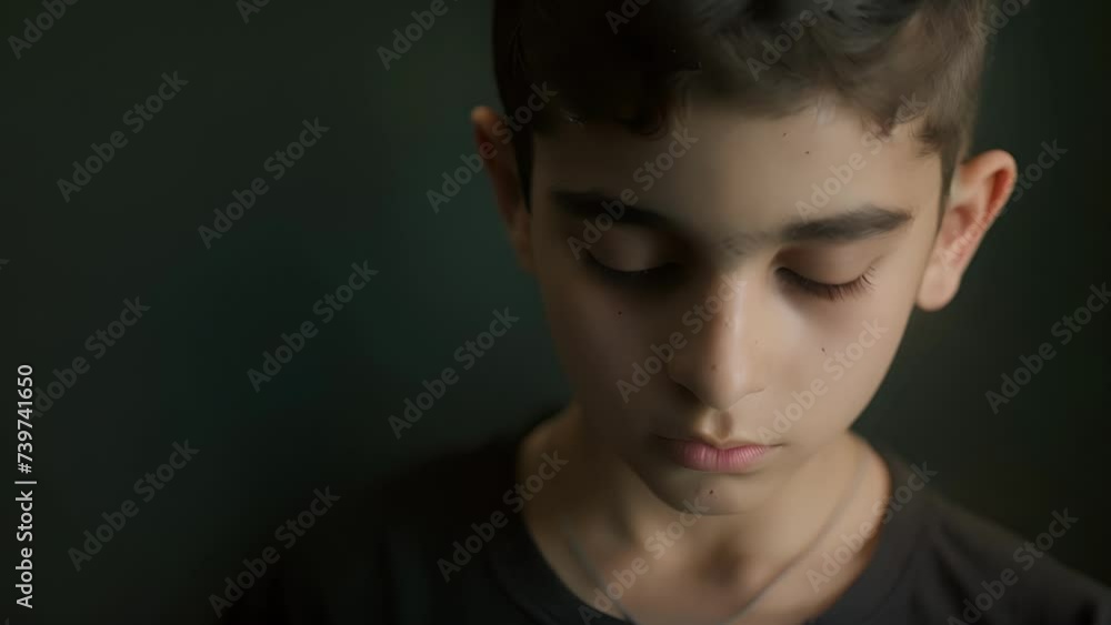 An adolescent boy of Middle Eastern descent lowers his head in shame as he talks about the impact of war and conflict on his family and community, Young male With Closed Eyes An adolescent boy of Middle Eastern descent lowers his head in shame as he talks about the impact of war and conflict on his family and community, Young male With Closed Eyes