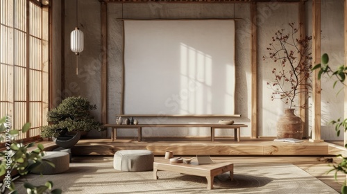 Old wooden frame mockup in japanese farmhouse living room interior, 3d rendering. Generative Ai