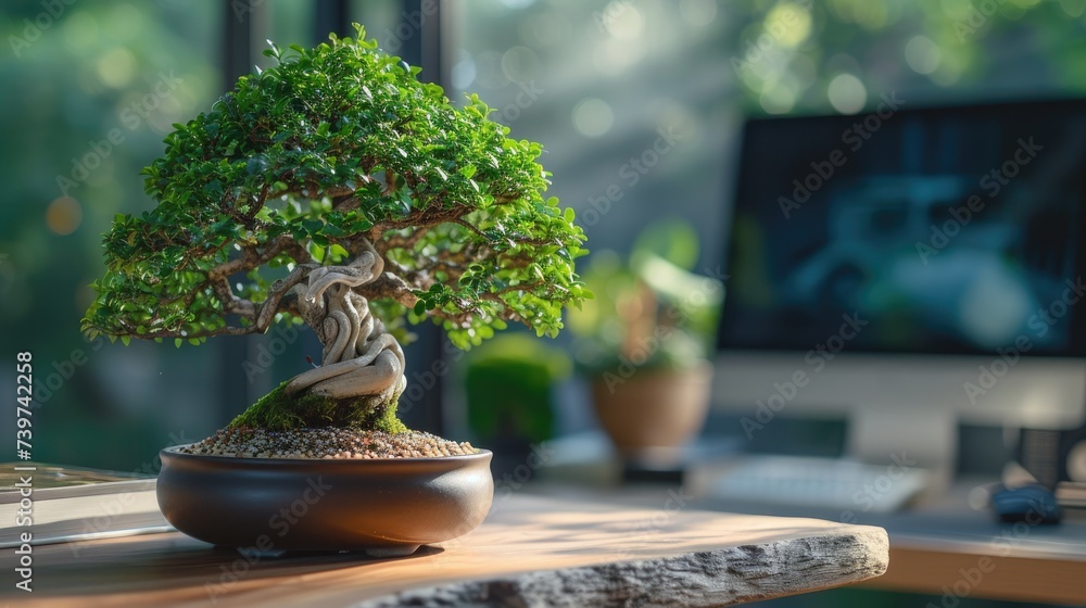 Bonsai Tree on Wooden Desk by Window in Sunlit Office Bonsai Tree on Wooden Desk by Window in Sunlit Office