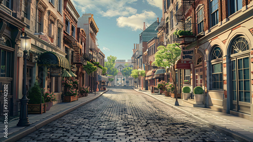 The retro city street with brick buildings.